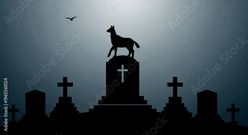 Silhouette of a Loyal Dog Standing on a Tombstone in a Spooky Graveyard at Night