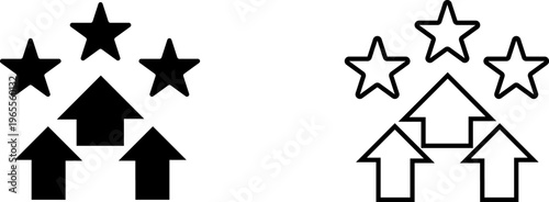 Icon of arrows pointing up with stars, simple logo design representing achievement or progress in a digital format