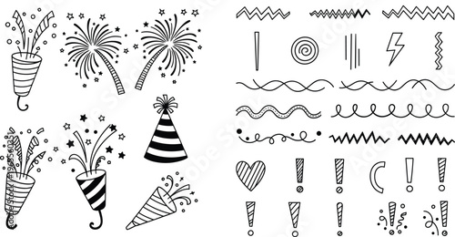 Party Doodle Elements Set with Fireworks, Party Hats, Confetti and Decorative Lines Hand Drawn Celebration Vector Illustration Collection