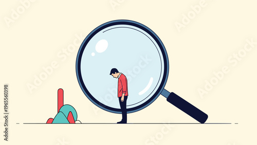 Small man standing in front of a massive magnifying glass and looking down in a sad or reflective manner representing scrutiny or self-reflection.