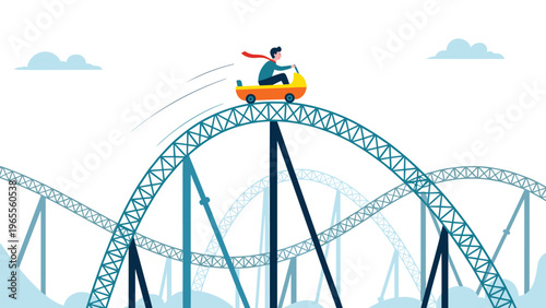 Businessman riding a small orange car along a winding roller coaster track representing the ups and downs of business and market volatility.