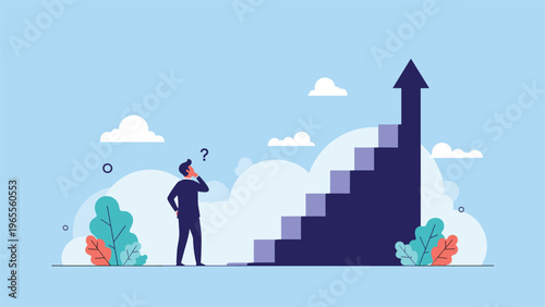 Thoughtful businessman looking at a rising staircase shaped like an arrow representing career steps and planning for future success.