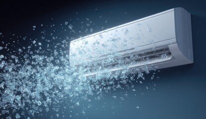 A white wall-mounted AC unit releases cool air composed of icy shards against a dark blue background