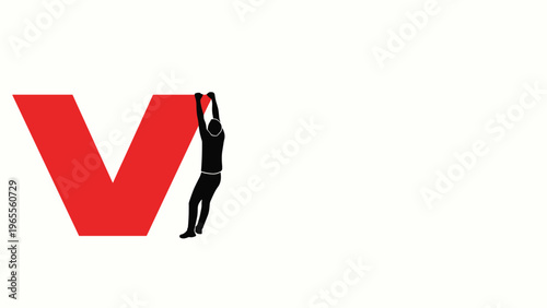 Person hanging onto a large red V shape representing the struggle to maintain victory or a high position in a competitive environment.
