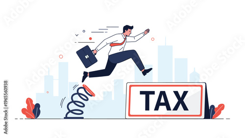 Resourceful businessman using a spring to jump over a large tax hurdle representing creative tax planning and financial strategies.
