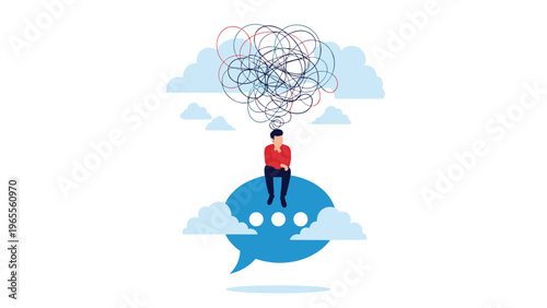 Stressed person sitting on a communication bubble with a tangled mess of thoughts above their head representing confusion and anxiety.