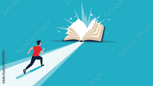 Student or learner running on a bright white path towards a large open glowing book symbolizing knowledge and the pursuit of education.