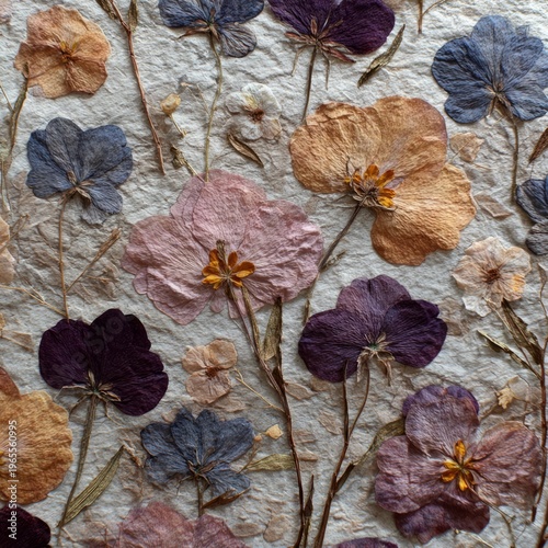 Elegant pressed flowers displayed on textured paper create a timeless, natural tapestry