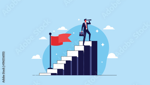 Businessman on top of a high bar chart looking through a telescope to forecast future trends and oversee corporate strategy.