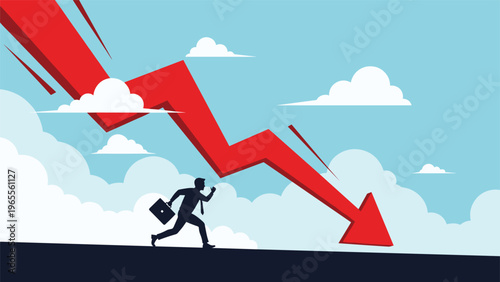 Businessman sprinting down a slope to escape a large red downward arrow representing financial crisis and market collapse.