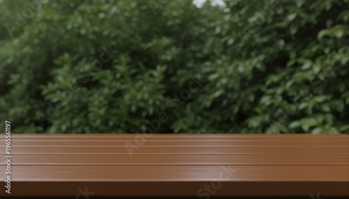 Wooden table mockup with blurred garden background