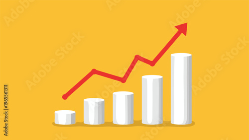 Red arrow moving in an upward zigzag pattern over white cylinder bars against a solid yellow background for growth.
