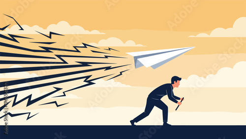 Determined man holding a large white paper plane that leaves a trail of black lightning bolts in the sky.