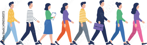Colorful vector illustration of diverse people walking symbolizing commuting, teamwork, progress, daily life, and professional diversity