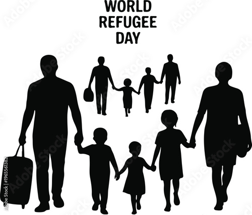 Global Migration Concept: Silhouettes of Displaced Families and Children