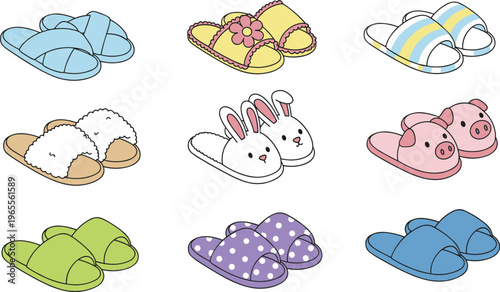 Playful cartoon vector illustration of colorful slippers with animal designs, decorative patterns, and cozy footwear styles for creative projects