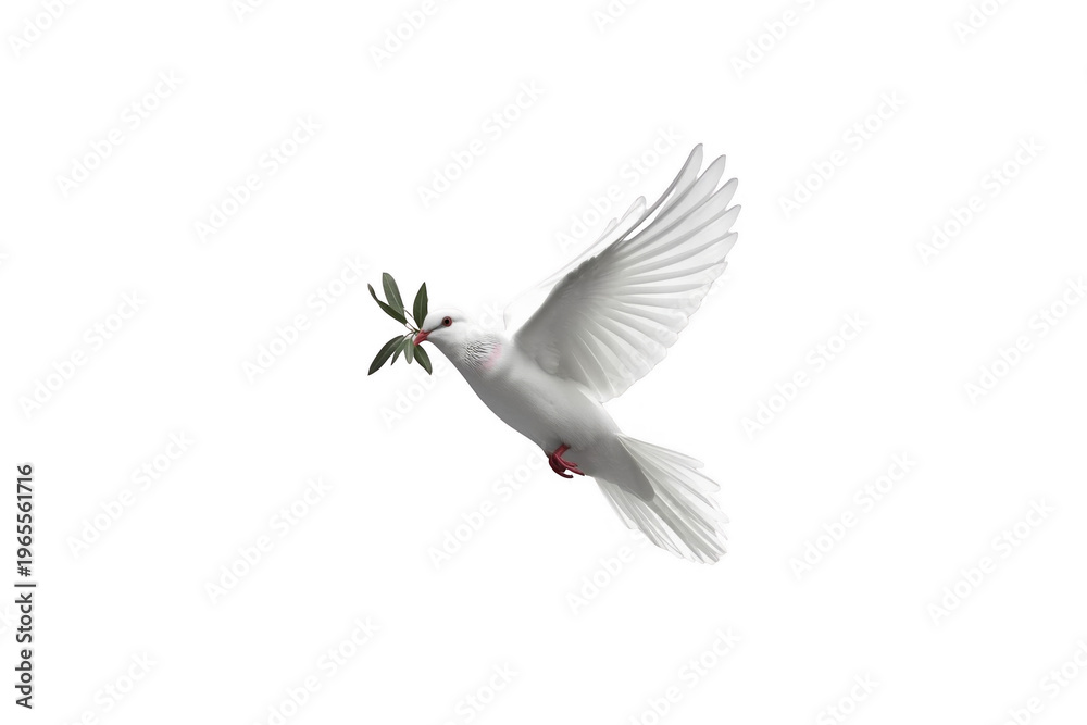 Fototapeta premium White dove flying with olive branch for peace