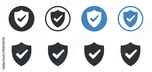 Security shield icon set featuring check mark symbols for protection, safety verification, and lock security, vector illustration for digital and business use