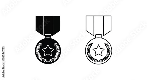 Black and white star medal icons, award symbols, vector graphics, laurels