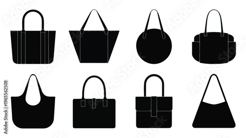A collection of eight different handbag silhouettes on a white background