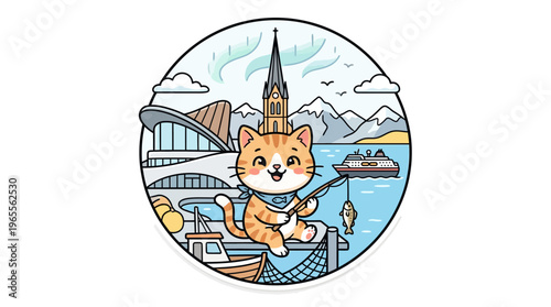 Cartoon Cat Fishing With a Norwegian Landscape Background