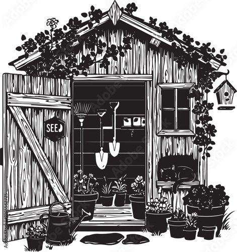 Silhouette of a cozy rustic wooden shed with plants, Generative Ai
