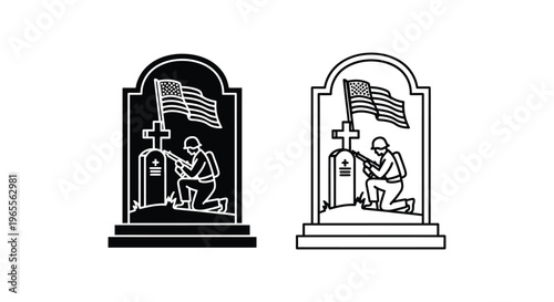 Memorial, tombstone, grave, monument icons, black and white vector illustrations, cemetery, funeral, American flag