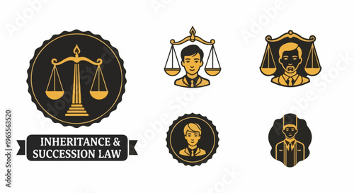Law icons with scales of justice and depictions of legal professionals