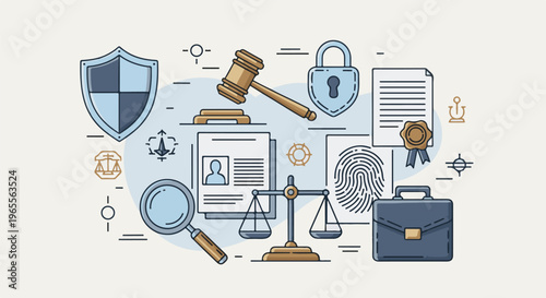 Legal and justice symbols gavel, scales, shield, lock, fingerprint, briefcase, document