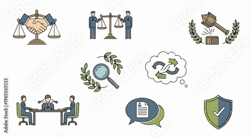 Legal icons handshake, balance, gavel, magnifying glass, meeting, chat, shield