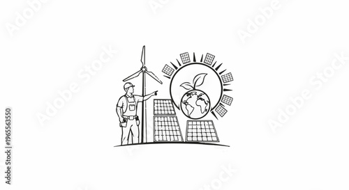 Man points to renewable energy sources wind turbine, solar panels, and earth icon