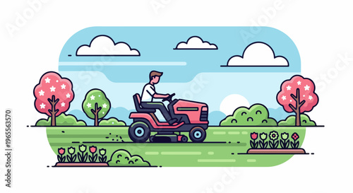 Man rides a red lawn mower through a grassy field with trees and flowers
