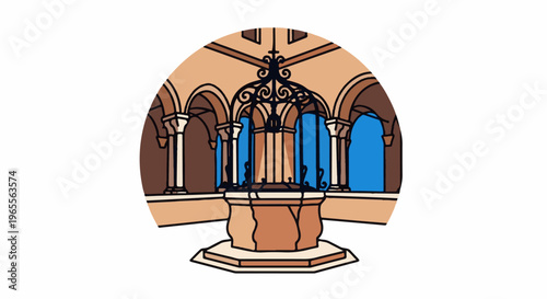 Ornate courtyard well with arched walkways and blue sky backdrop