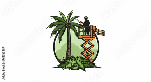 Person pruning a palm tree from an aerial lift in a circular frame