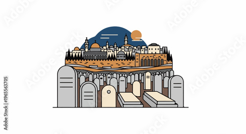 A city skyline rises above a cemetery under a setting sun