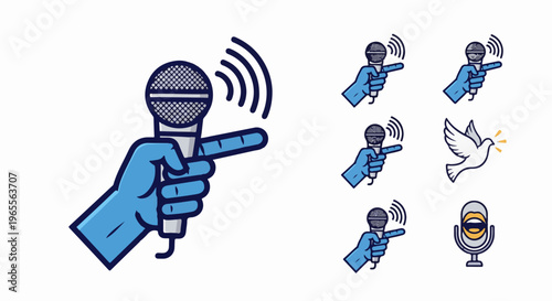 A blue hand holds a microphone, broadcasting sound waves