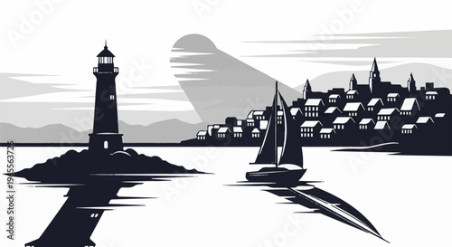 Silhouette of a lighthouse, sailboat, and coastal town under a stylized sun