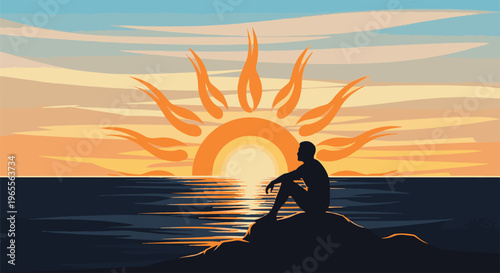 Silhouette of a person contemplating a vibrant sunset over the ocean