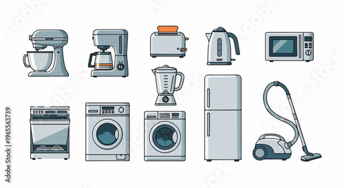 A collection of pixelated household appliances shown against a white background