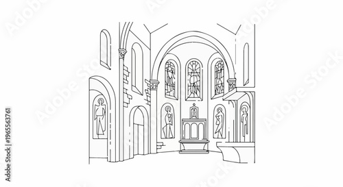 A detailed line drawing of a grand church interior with arched windows and statuary