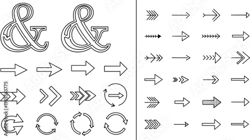 Arrow Icons and Ampersand Symbol Set with Outline Direction Arrows and Circular Arrows Vector Illustration Collection for UI and Graphic Design