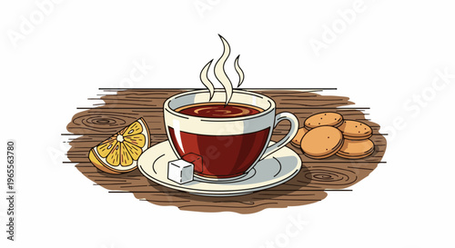 Steaming cup of tea with lemon, sugar, and cookies on wood