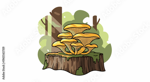 A cluster of yellow mushrooms grows from a moss-covered tree stump