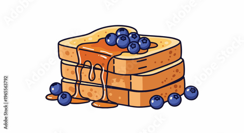 Stacked golden toasts generously drizzled with sweet syrup and topped with blueberries