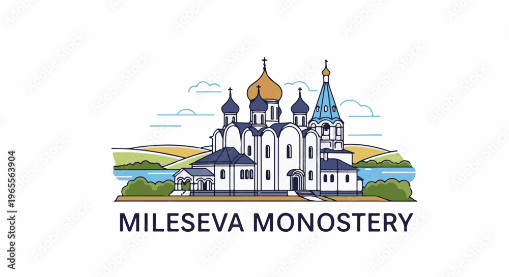 Naklejka premium Stylized illustration of a monastery with multiple domes and a river landscape