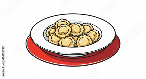 A plate filled with pasta on a red saucer, isolated on white