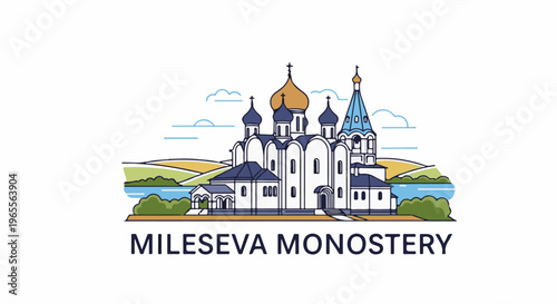 Stylized illustration of a monastery with multiple domes and a river landscape