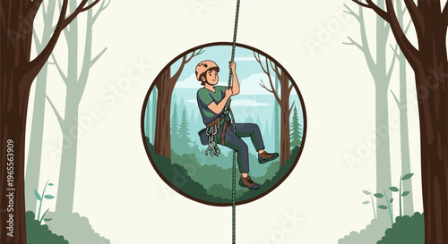 Young person rappelling down a rope amidst a forest scene