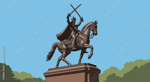 A pixelated equestrian statue of a king with swords raised against a blue sky