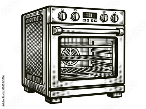 Vintage Convection Oven Engraving Illustration Black and White Line Art